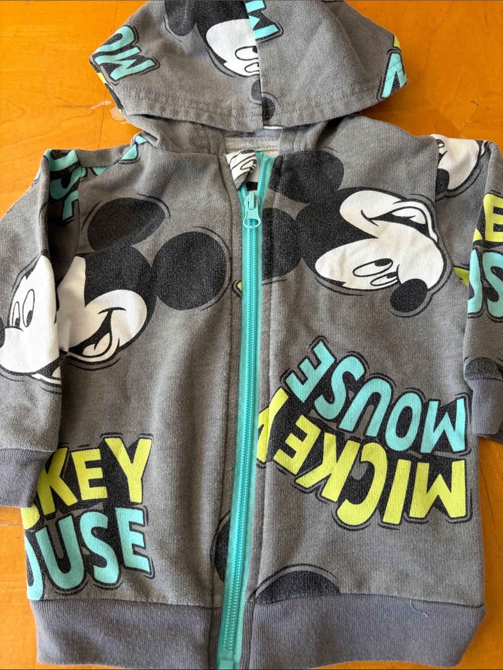 Disney Gray Mickey Mouse Hoodie One-Piece with Teal & Yellow Accents